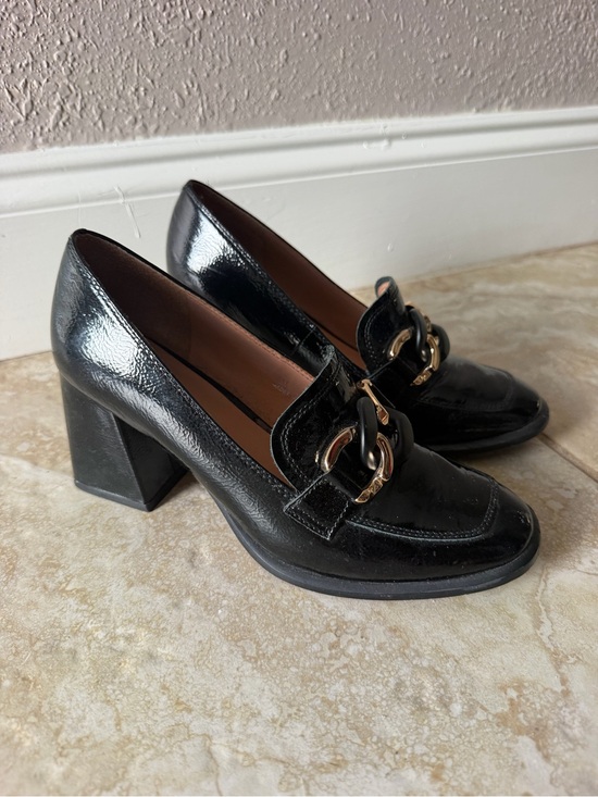 Paolo Shoes - Paolo Black Patent Block Heel Loafers with Gold Chain